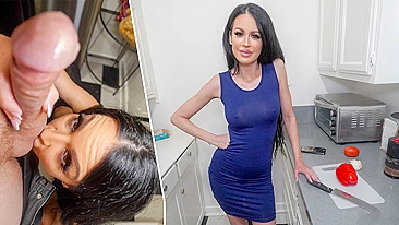 Mãe morena chupa o pau do Chad e lambe as bolas antes de dar