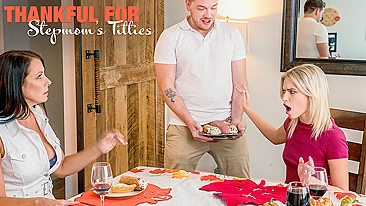 Mãe morena de peitões ensina enteados a foder gostoso