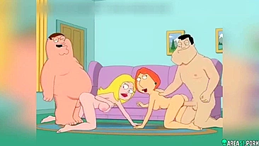 3D cartoon! Mamãe Lois Griffin e Peter em orgia hardcore com amigos