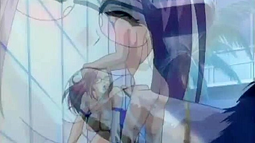 Foda hentai de maiô molhado com tetonas, gozada na boca