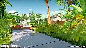 Ação hentai de biquíni com minas de pau futa pra chupar e foder