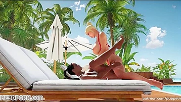 Ação hentai de biquíni com minas de pau futa pra chupar e foder