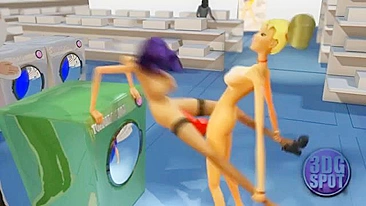 Gata de cabelo roxo mostra flexibilidade levando pau futa na máquina de lavar