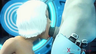 Cena de cyber sexo com peituda levando pau mecânico pra dentro