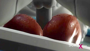 Negona peituda sendo arrombada por um robô pauzudo que quer deixar ela bem aberta