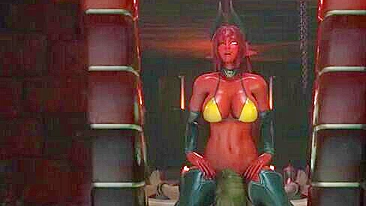 Súcubo demônio amarra elfa sexy, tortura e senta na cara dela em cena hentai.