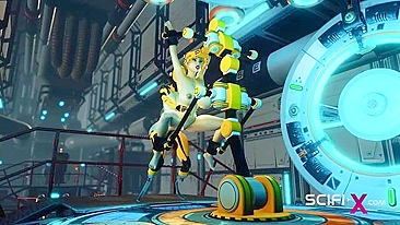 Ciborgue sexy domina humano submisso em masmorra futurista de sexo.