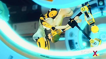 Ciborgue sexy domina humano submisso em masmorra futurista de sexo.