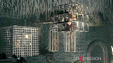 Cena hentai hardcore com grandão dominando garota jovem em masmorra fetichista.