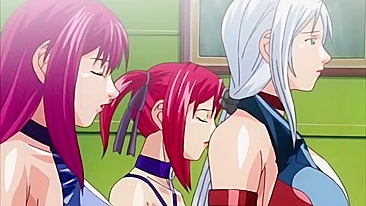 Escravo jovem dominado sexualmente por grupo de colegiais pervertidas em fantasia hentai.