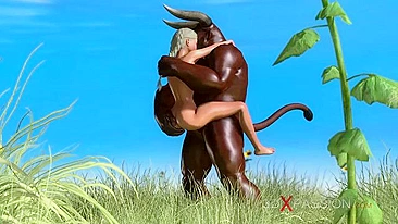 Cena hardcore hentai: colegial fofa fudida por minotauro ao ar livre.