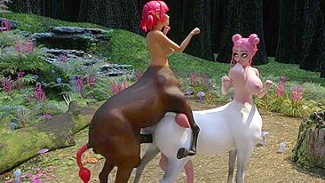 Centaurs futanari em sexo quente numa floresta exuberante.