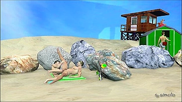 Aventura hentai com parceiros interracionais grandões na praia.
