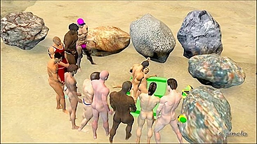 Aventura hentai com parceiros interracionais grandões na praia.