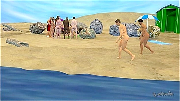 Aventura hentai com parceiros interracionais grandões na praia.
