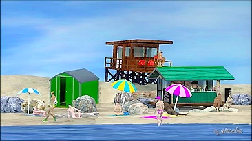 Aventura hentai com parceiros interracionais grandões na praia.