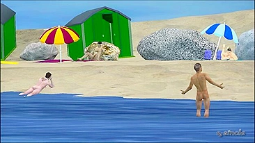 Aventura hentai com parceiros interracionais grandões na praia.
