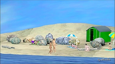 Aventura hentai com parceiros interracionais grandões na praia.