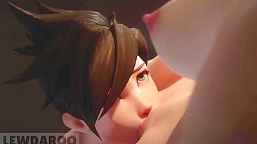 Diversão Kinky de Cosplay com Tracer e Kiriko de Overwatch